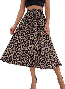 Brown Leopard High Elastic Waist Ruffle Pleated Midi Skirt