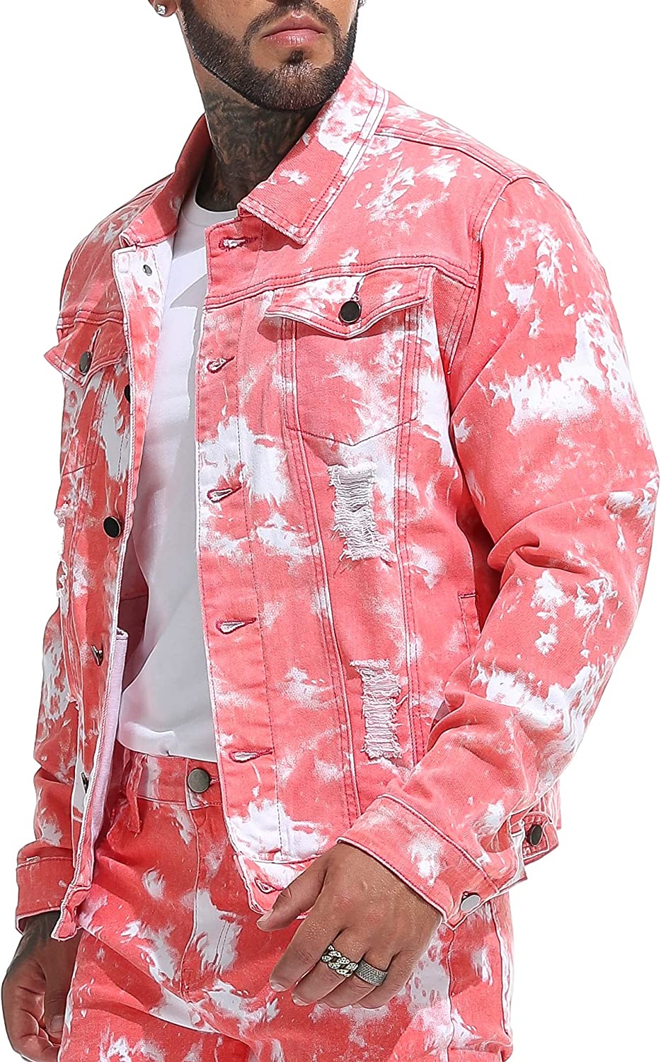 Dyed Pink Ripped Denim Men's Jacket