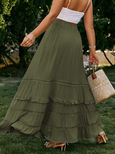 Plus Size Olive Green Boho Ruffled Drawstring Maxi Skirt