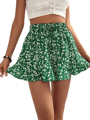 Floral Green Drawstring High Waist Summer Shorts