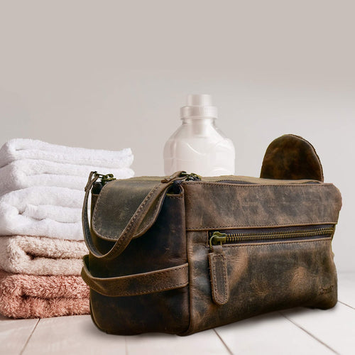 Buffalo Distressed Tan Leather Travel Toiletry Bag