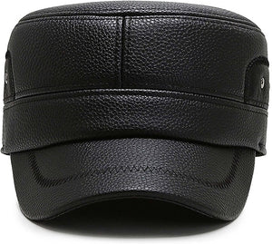 Men's Black Leather Military Cadet Peaked Cap with Earflap