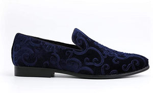 Men's Navy Blue Paisley High Quality Velvet Loafer Dress Shoes