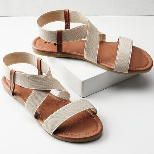 Cross Strap Beige Non Slip Flat Elastic Sandals