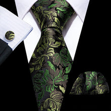 Load image into Gallery viewer, Men&#39;s Green Leaves Paisley Print Silk Tie Set w/Handkerchief &amp; Cufflinks