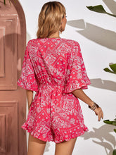 Load image into Gallery viewer, Red Paisley Tie Front Ruffled Shorts Romper