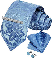 Load image into Gallery viewer, Men&#39;s Paisley Blue Formal Cufflink Tie Clip Set