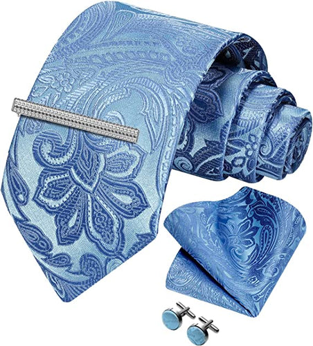 Men's Paisley Blue Formal Cufflink Tie Clip Set