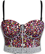 Load image into Gallery viewer, Pink &amp; White Multi-Color Sweetheart Rhinestone Studded Bustier Corset Crop Top