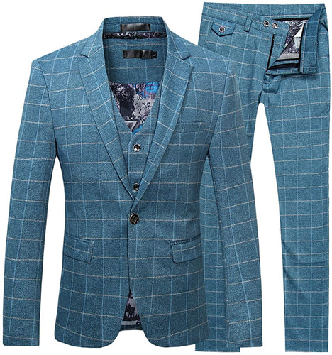 Modern Blue Plaid 3 Pieces Tuxedo Men's Suit