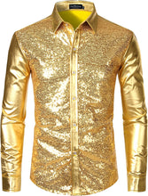 Load image into Gallery viewer, Men&#39;s Metallic Gold Long Sleeve Button Down Shirts