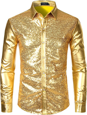 Men's Metallic Gold Long Sleeve Button Down Shirts