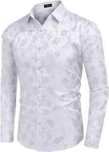 Stylish Paisley White Jacquard Silk Long Sleeve Men's Shirt