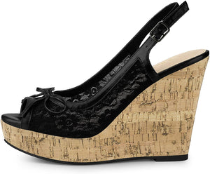 Black Lace Platform Wedge Heel Sandals