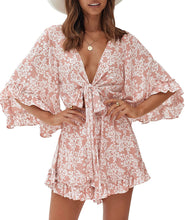 Load image into Gallery viewer, Elastic Waist Pink Floral Print Rompers Short Jumpsuit