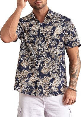 Men's Big & Tall Black Paisley Vacation Style Floral Short Sleeve Shirt