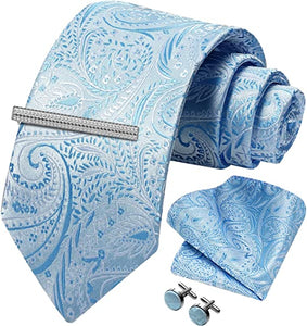 Men's Paisley Purple Blue Formal Cufflink Tie Clip Set