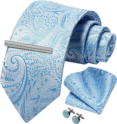 Men's Paisley Light Blue Formal Cufflink Tie Clip Set