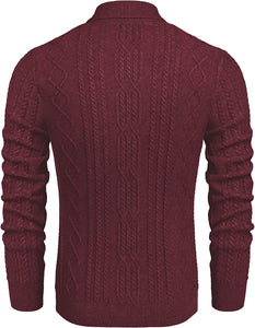Shawl Collar Wine Red Pullover Cable Knitted Sweaters