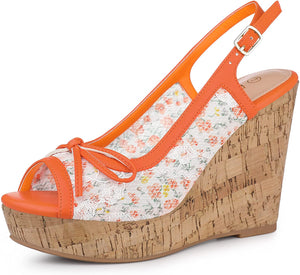 Orange Flower Lace Platform Wedge Heel Sandals
