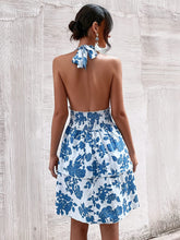 Load image into Gallery viewer, Blue Floral Print Halter Backless Ruffle Hem Summer Dress