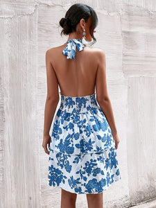 Blue Floral Print Halter Backless Ruffle Hem Summer Dress