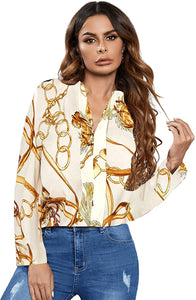 Casual V Neck Long Sleeve Chain Blouse