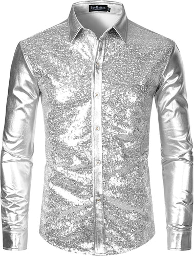 Men's Metallic Silver Sequin Long Sleeve Button Down Shirt