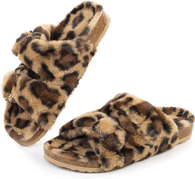 Leopard Faux Rabbit Fur Open Toe Slipper