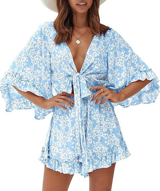 Blue & White Floral Ruffled Tied Shorts Romper