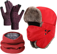 Load image into Gallery viewer, Men&#39;s Red 3 Pieces Set Trapper Winter Hat &amp; Gloves