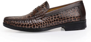 Men's Crocodile Printed Brown Leather Slip-On Penny Loafers
