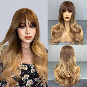 Natural Looking Long Wavy Synthetic Wig w/Bangs