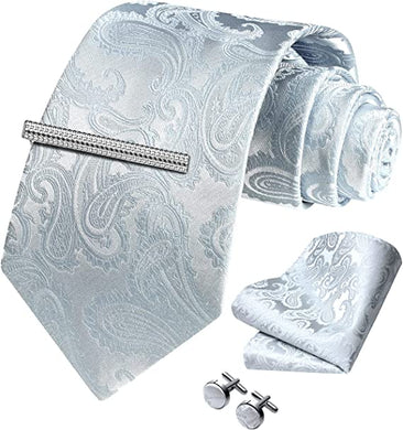 Men's Paisley Silver Formal Cufflink Tie Clip Set