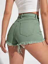 Load image into Gallery viewer, Distressed Denim Sage Green Raw Hem High Waist Shorts