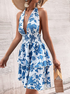Blue Floral Print Halter Backless Ruffle Hem Summer Dress