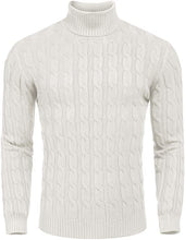 Load image into Gallery viewer, Men&#39;s White Cable Knit Long Sleeve Turtleneck Sweater