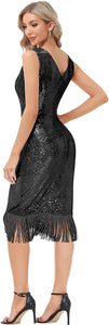 Sparkle Fringe Black Sleeveless Cocktail Sequin Dress