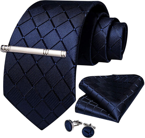 Men's High Quality Jacquard Silk Navy Blue Cufflink Tie Clip Set