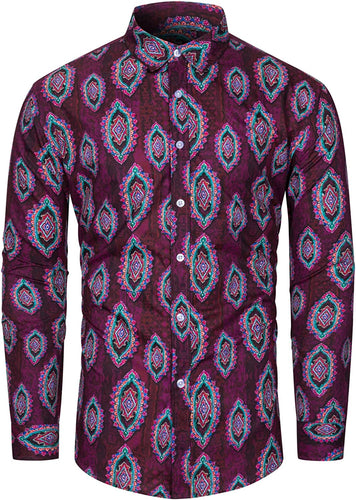 Vintage Wine Red Paisley Long Sleeve Button Down Dress Shirt