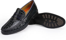 Load image into Gallery viewer, Crocodile Printed Black Leather Slip-On Penny Loafers