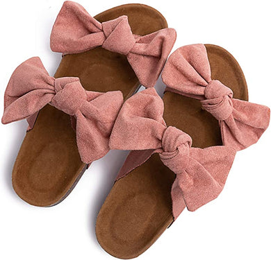 Pink Knot Suede Leather Soft Cork Slip On Sandals