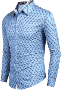 Men's Light Blue Diamond Printed Long Sleeve Men's Shirt