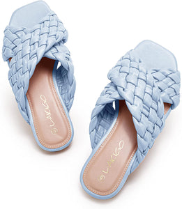 Square Open Toe Sky Blue Braided Cross Band Flat Sandals