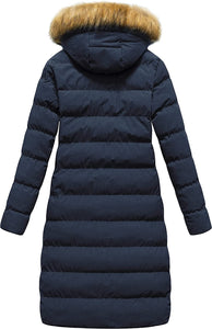 Navy Winter Faux Fur Coat Puffer Warm Jacket with Detachable Hood