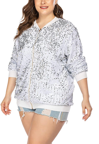 Plus Size Sparkle Long Sleeve Front Zip Loose Bomber Jacket