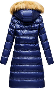 Faux Fur Hooded Navy Blue Winter Puffer Style Long Coat