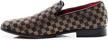 Load image into Gallery viewer, Rhinestone Round Toe Black-Gold Plaid Suede Slip-On Loafers