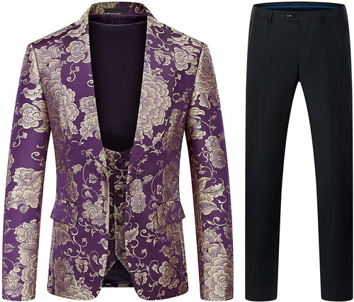 Men's Purple Jacquard One Button 3pc Men's Tuxedo Suit Set