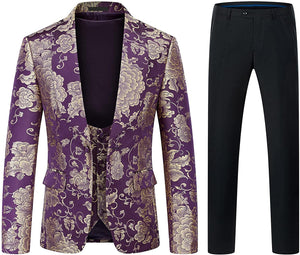 Shawl Collar Purple Floral 3 Piece Jacquard Tuxedo Men's Suit